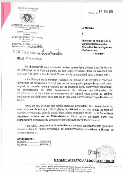 sahellibre's tweet photo. #Niger Communiqué
La Ministre de la Fonction Publique annonce que la fête du 1er mai 2026 sera célébrée de manière symbolique, sous le thème : « Le travailleur niigérien, acteur de la Refondation ».  
Pas de défilés, mais des discours centrés sur ce thème.  

#Travail #1erMai2026 https://t.co/vXhw6GUJuT