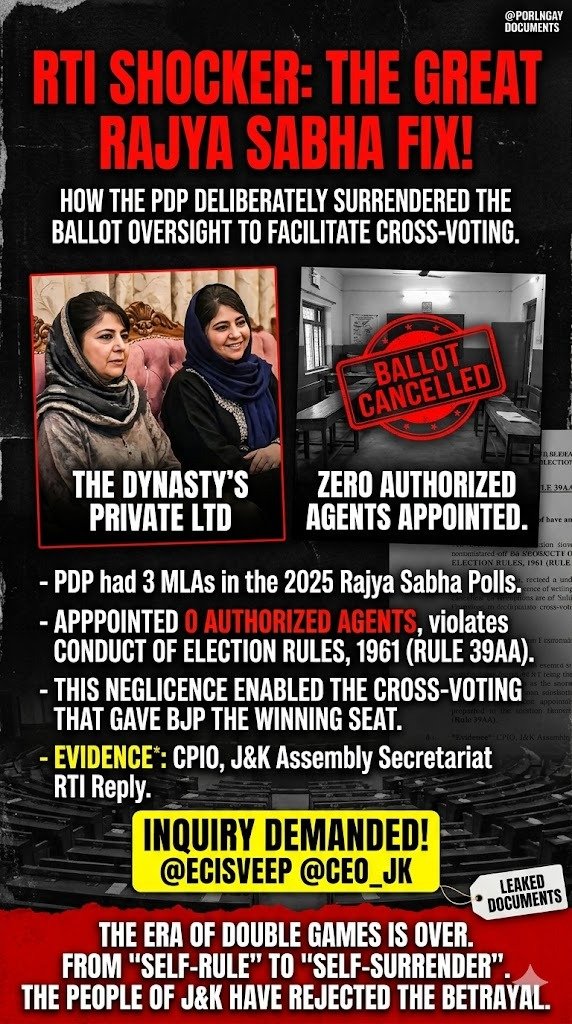 imrankehwah's tweet photo. The “Match-Fixing” Thread 🧵

Tweet 1️⃣: The RTI Atom Bomb 💣
The so-called “resistance” was a scripted lie. An RTI from the Assembly Secretariat points straight to a coordinated manipulation involving @JKNC_ , PDP, and sections of Congress. The Rajya Sabha polls were compromised by design, no authorised agents, no real scrutiny.

Let’s be clear:

* BJP did not have the numbers, yet walked away with the seat.
* 8 MLAs made it happen. This is not coincidence, this is orchestration.
* Rules require MLAs to show their vote to authorised agents. PDP and AIP had none. Why was scrutiny deliberately avoided?
* RTI confirms only NC, BJP, and Congress appointed agents.

JKNC, by denying Congress a safe seat, created the opening. PDP, by not deploying agents for scrutiny of three MLAs’ votes, threw that door wide open. @JK_AIP ’s absence from scrutiny sealed it.

What emerges is not confusion, it is coordination involving BJP, NC, PDP, AIP, and sections of Congress.
