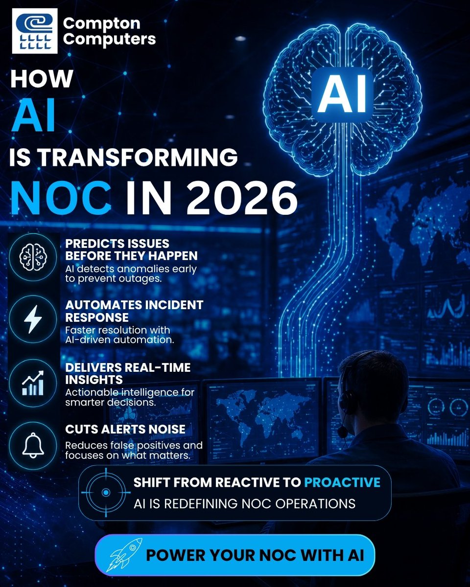 AI is transforming NOC in 2026 🚀

🔍 Predict issues before outages
⚡ Automate incident response
📊 Get real-time insights
🔕 Cut alert noise
Shift from reactive to proactive IT.
👉 Book a FREE NOC consultation now or DM us.
#AI #NOC #ITInfrastructure #Automation #Tech