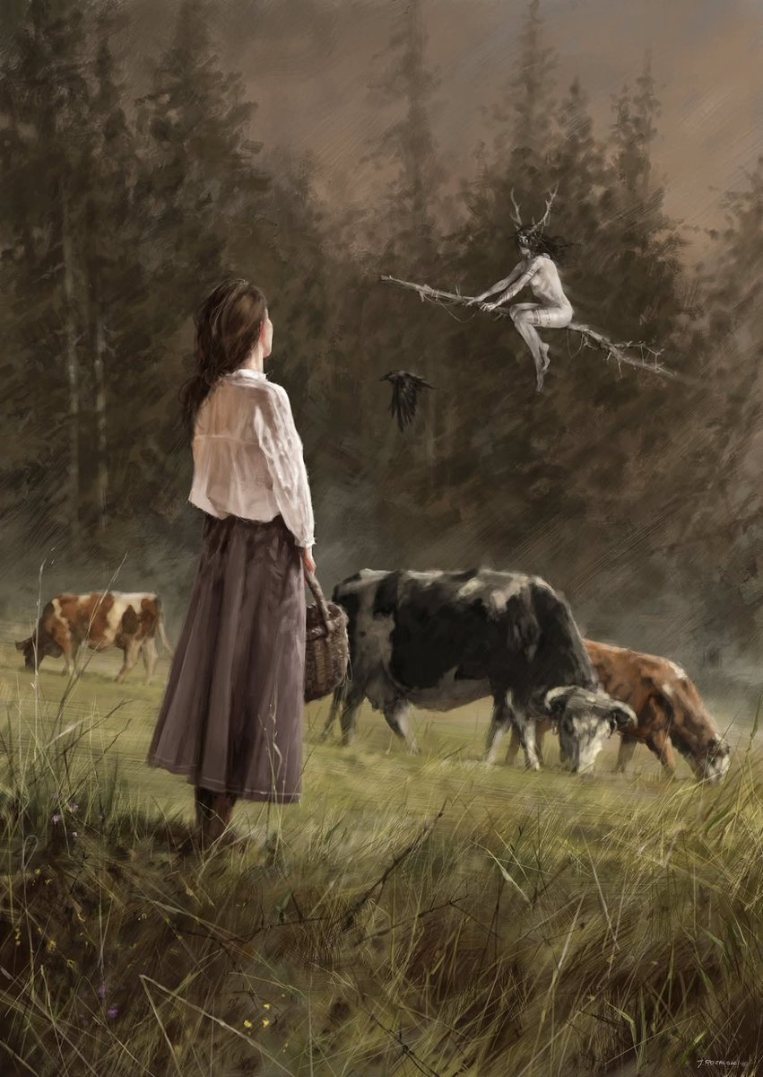 The superstition that witches favoured brooms as their mode of transport was popularised at the time of the Lancashire Witch Trials. Older sources tell of them travelling by pitchforks, pig troughs, plant stems.

art: Jakub Rozalski #witchwednesday