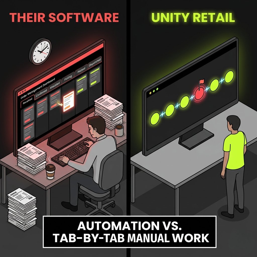 unityretail's tweet photo. Most OMSs are glorified Excel sheets with tabs.

Someone still has to physically click every order through every stage.

We built an operating system, not a workflow tool. Orders route themselves. Exceptions surface automatically.

That's the difference.

#managementbyexception https://t.co/Y8cI5OfQN4