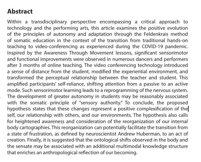 AC_ASP_'s tweet photo. 📢 Highly Cited Article!
Digital somatic arts: Choreographing autonomy
📄Read more: https://t.co/vLNvmqp2gk
👨‍⚕️Author: Isabelle Choinière and Christine Germain
#Art #DigitalArt #SomaticArts #OpenAccess https://t.co/gSifv5BgHv