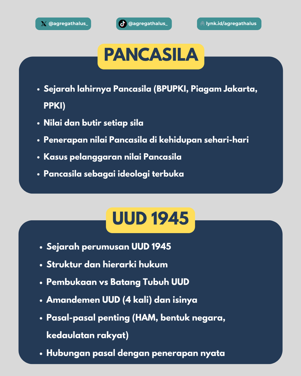 agregathalus_'s tweet photo. Poin Materi yang Wajib Dikuasai pada Tes SKD TWK
— Persiapan Tes CPNS 2026

- Pancasila
- UUD 1945
- NKRI
- Sejarah Kemerdekaan Indonesia

Download materi dan latihan soal ⤵️
https://t.co/TXpAf1ojBf https://t.co/dXP5arCq9G