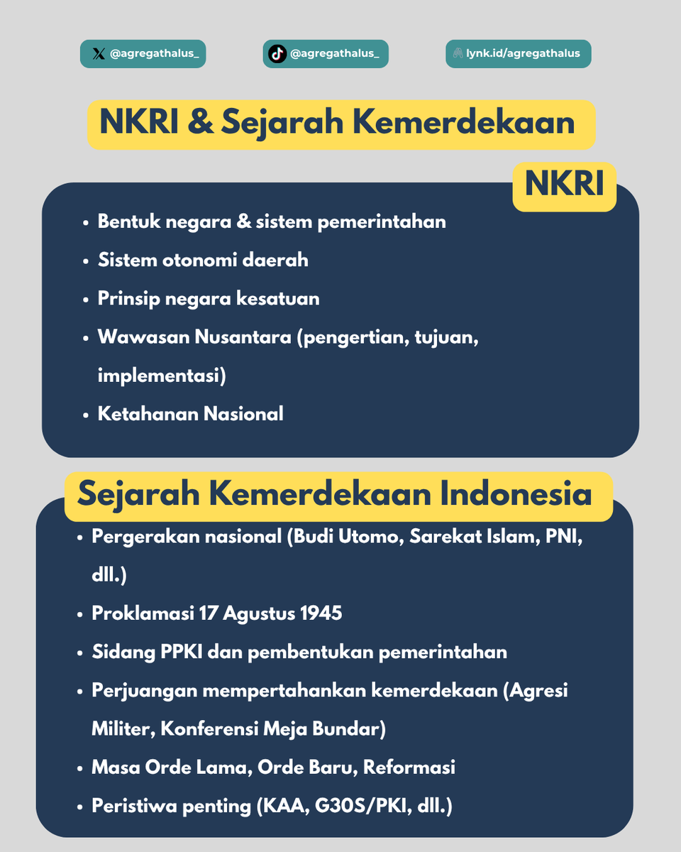 agregathalus_'s tweet photo. Poin Materi yang Wajib Dikuasai pada Tes SKD TWK
— Persiapan Tes CPNS 2026

- Pancasila
- UUD 1945
- NKRI
- Sejarah Kemerdekaan Indonesia

Download materi dan latihan soal ⤵️
https://t.co/TXpAf1ojBf https://t.co/dXP5arCq9G