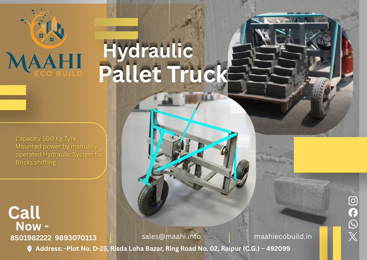 maahiecobuild's tweet image. MAAHI – ECO BUILD lekar aaya hai
Hydraulic Pallet Truck

#FlyAshBrickMachine #FlyAshBricks
#BrickMakingMachine #AutomaticBrickMachine
#BlockMakingMachine #PaverBlockMachine
#ConstructionMachinery #BrickPlant
#MaahiEcoBuild #IndustrialMachines
#RaipurBusiness #ChhattisgarhIndustry