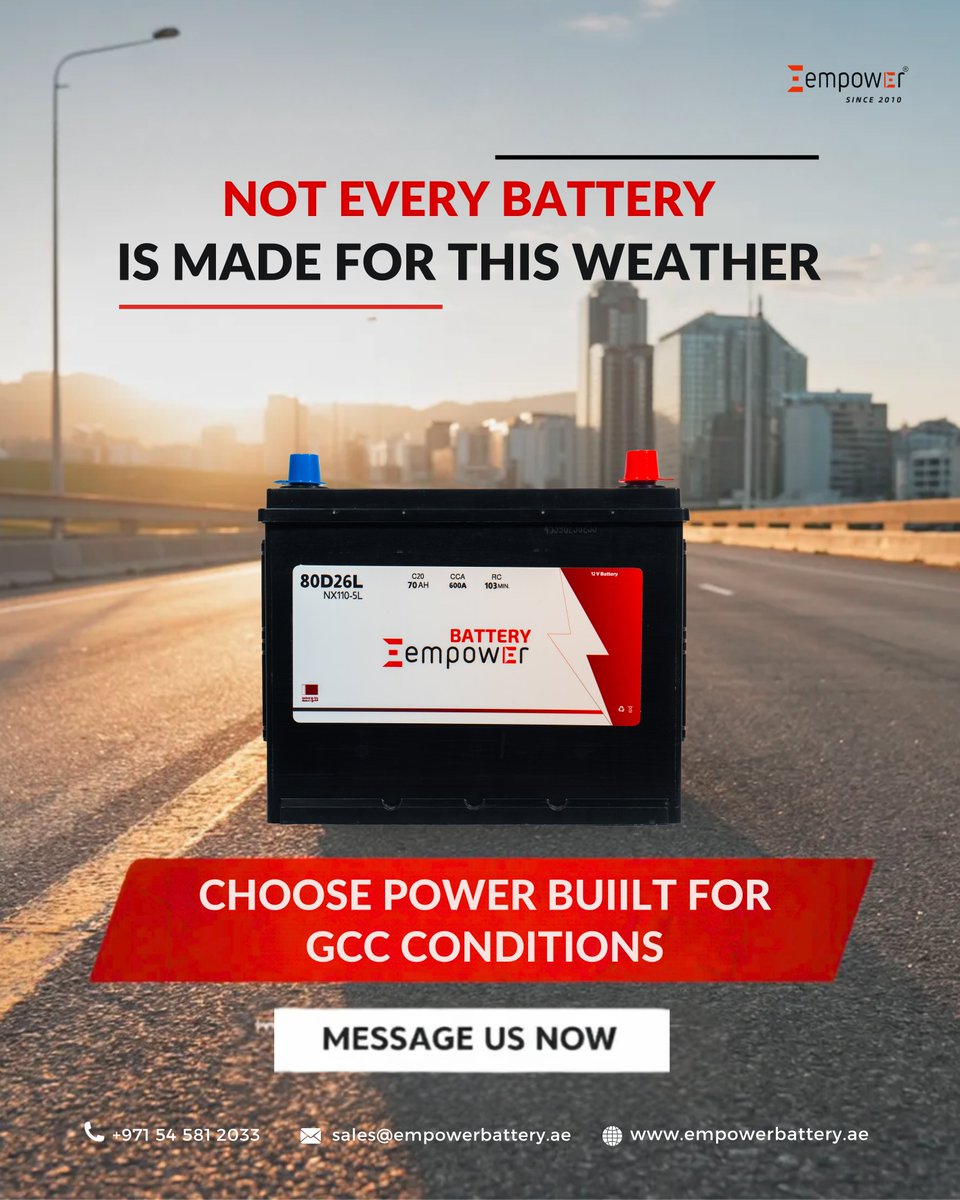 Empowergroupuae's tweet image. GCC weather demands the right battery specs for reliable starts and consistent performance🔋🚗.

Contact us today with your car details to get started.

📞 +971 54 581 2033
✉️ sales@empowerbattery.ae
🌐 empower.abudhabi/battery/

#CarBattery #GCC #UAE #Dubai #AbuDhabi