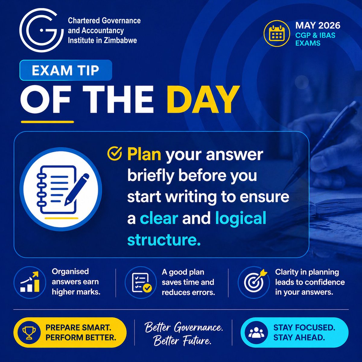 CgiZimbabwe's tweet photo. Many students lose marks due to poor structure.

Plan your answer before you write.

👉 Today’s challenge: outline one answer before attempting it.

#ExamPreparation #CGP #IBAS #StudySmart https://t.co/KYUHbqmV3e