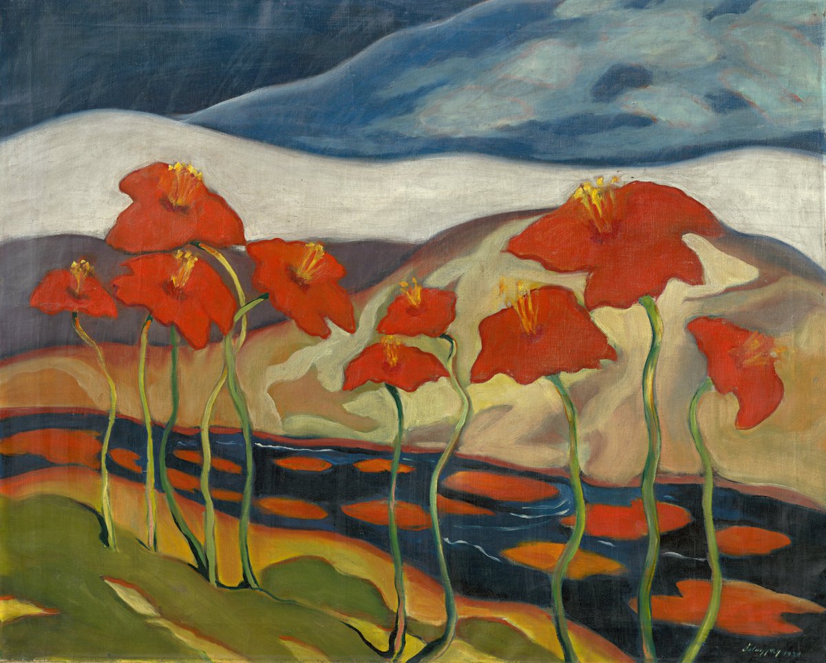 1920triaca's tweet photo. "Nirvana" de Zoltán Palugyay (1930)
🏛️ Galería Nacional Eslovaca
¿Sabías que sus icónicas flores rojas no son decoración, sino símbolos de paz espiritual? Influido por Gauguin y Munch, el artista creó esta "balada visual" para elevar el paisaje eslovaco a un nivel místico. 🌺✨ https://t.co/MQEUnNnO72