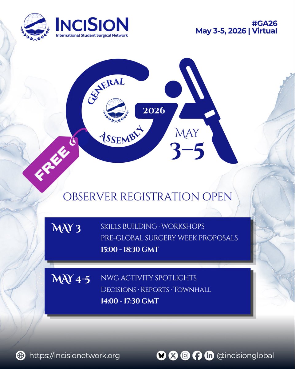 InciSioNGlobal's tweet photo. Registration is open for InciSioN GA 2026. The countdown is near!
Join us May 3β5 to shape decisions, spotlight NWGs, and engage in global surgery dialogue.
Register: https://t.co/00LESYSMmX
#GA26 #GlobalSurgery #TheFutureofTheOR https://t.co/DKzrTCIaxN