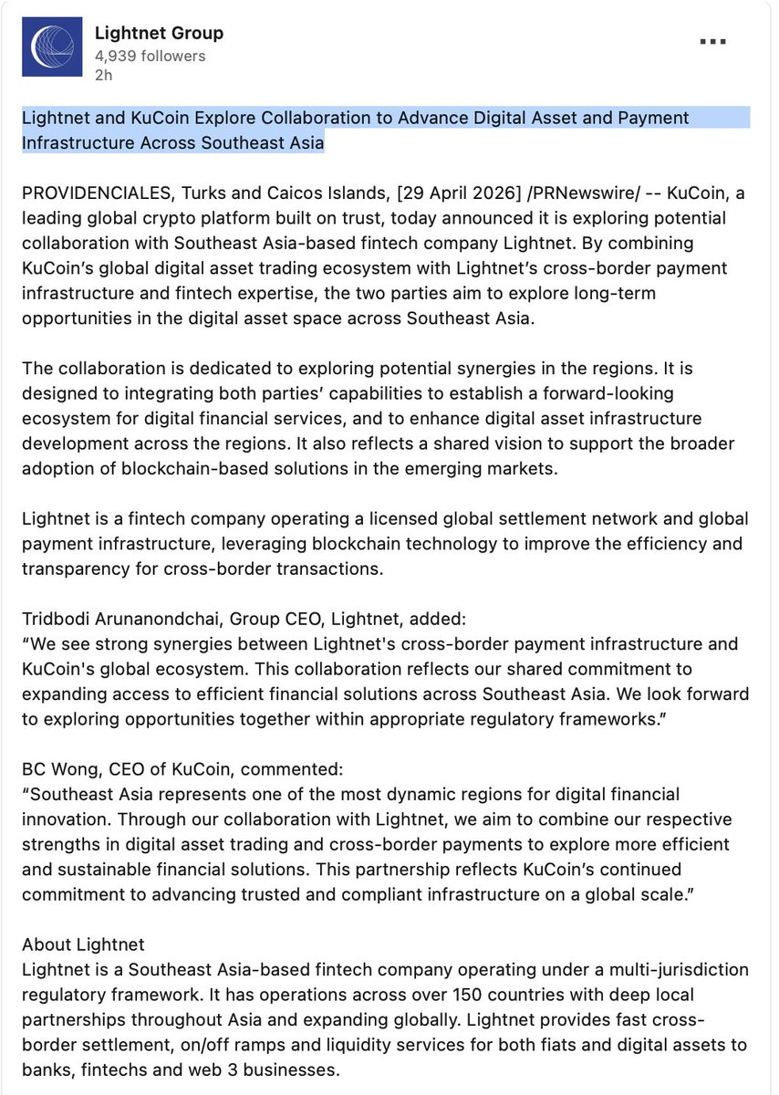 Pure8Nature's tweet photo. $VELO l @veloprotocol 

Just saw this post and my gut instantly told me... 

This is HUGE! 🚀

LIGHTNET (Southeast Asia fintech with Licensed Global Payments & Blockchain Rails) is exploring a major collab with @kucoincom (40M+ user crypto exchange).  

They want to connect crypto trading liquidity with real-world cross-border payments across SEA (South East Asia!)

Lightnet Group CEO Tridbodi Arunanondchai (BEAM) said:

“We see strong synergies between Lightnet's cross-border payment infrastructure and KuCoin's global ecosystem. This collaboration reflects our shared commitment to expanding access to efficient financial solutions across Southeast Asia. We look forward to exploring opportunities together within appropriate regulatory frameworks.”  

---------------------------------
Why this matters for $VELO ??
---------------------------------

LIGHTNET is powered by $VELO 

$VELO is the key collateral & bridge asset behind their settlements & stablecoins.  

This = more real transaction volume → higher demand for $VELO → stronger utility, liquidity & adoption in SEA remittances/fintech.  

Exactly the real-world use case $VELO was built for! 

Long-term bullish for the project, token & holders 🚀🚀