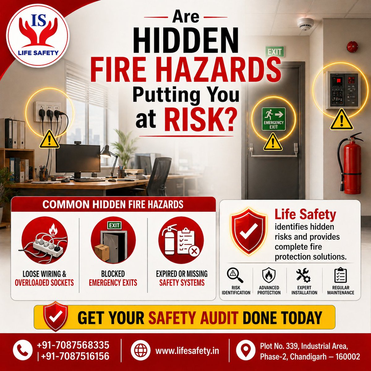 LifeSafety18's tweet photo. ⚠️ Hidden fire hazards can put you at serious risk:
• Loose wiring
• Blocked exits
• Expired safety systems

Don’t ignore them—act now.
🌐 https://t.co/oQqBosw29k
📍 Industrial Area, Chandigarh

#FireSafety #SafetyAudit https://t.co/7AKjgKyIsv