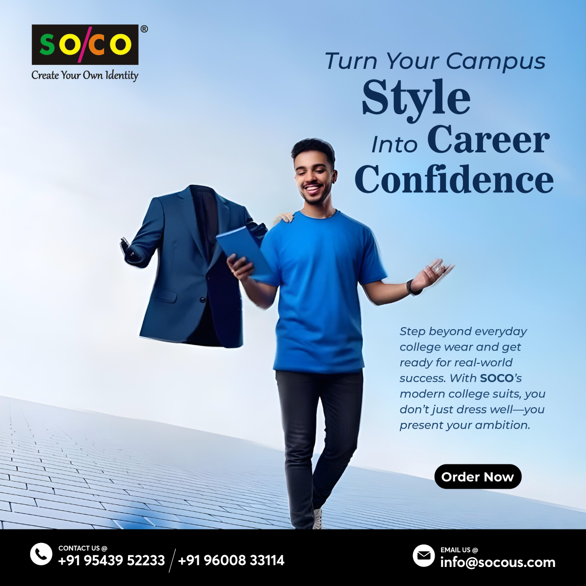SoCoproducts's tweet image. Turn campus style into career confidence 💼✨
Don’t just dress up—level up.
✔ Perfect fit
✔ Premium comfort
✔ Interview-ready style

Wear your ambition with SOCO.

#SOCOStyle #CareerReady #DressForSuccess #CampusToCorporate #LevelUp #ConfidenceMatters
