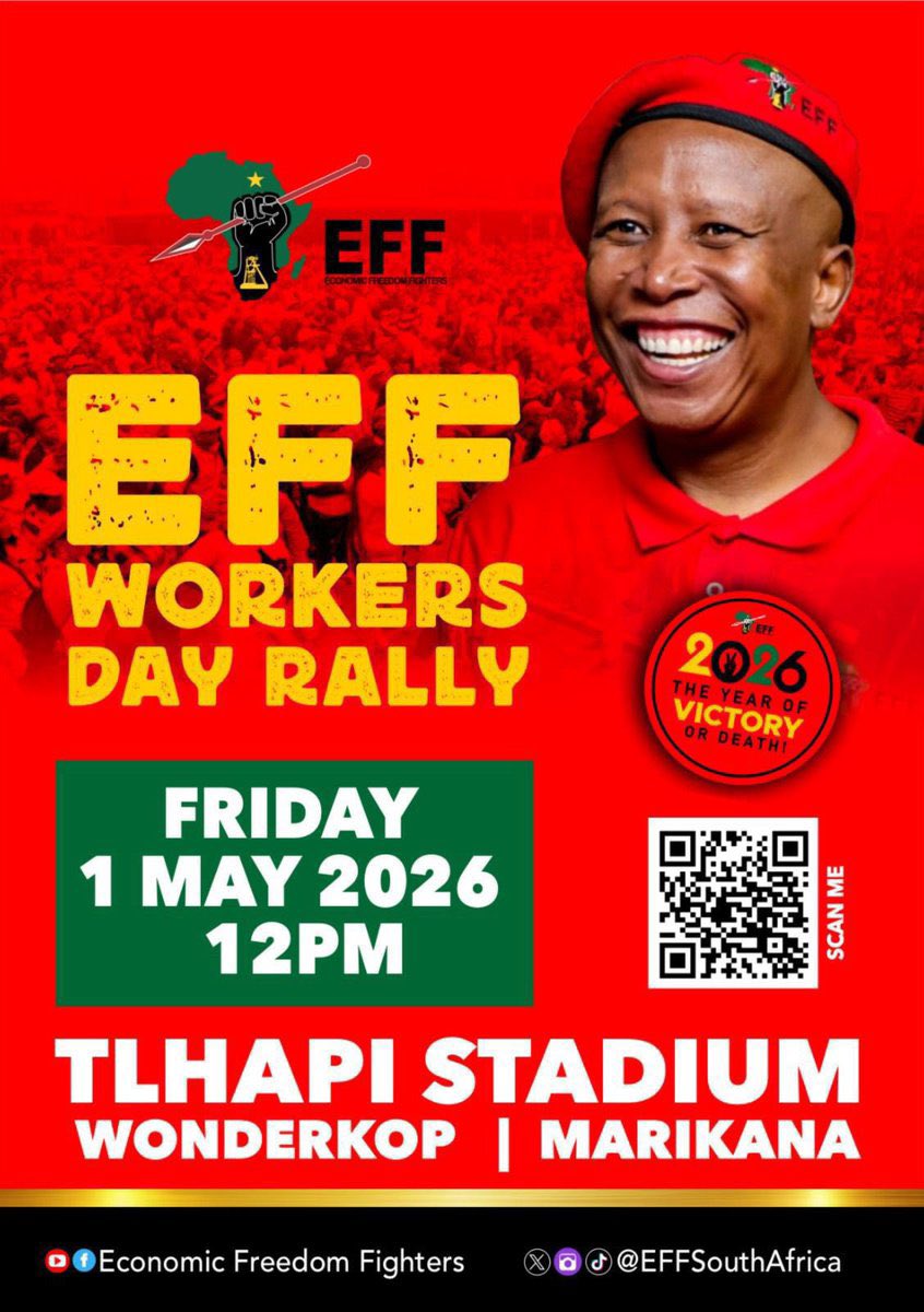 EffNorthwest's tweet photo. ♦️ Do Not Miss It ♦️

The EFF President and Commander-in-Chief @Julius_S_Malema will address the EFF Workers’ Day Rally on 1 May 2026 at Tlhapi Stadium, Wonderkop, Marikana, in the North West.

#RegisterToVoteEFF on https://t.co/Ky6saDliZX https://t.co/HznBZCmNd3