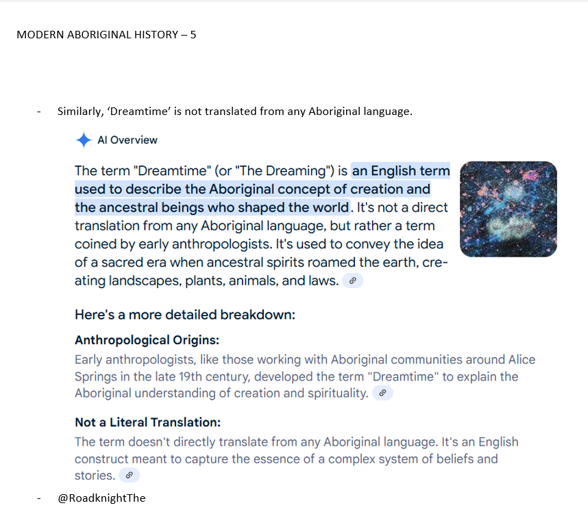 RoadknightThe's tweet photo. If you thought my revelation that there are no words or phrases in any of the 200+ Aboriginal languages for 'Welcome to Country Ceremony',  because it's a modern, not ancient, invention then this on the 'Rainbow Serpent' and the 'Dreamtime' will blow your mind.

Hang on to your hats.