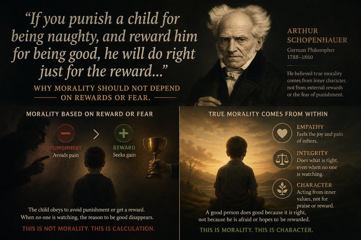 shaik99's tweet photo. 'If you punish a child for being naughty, and reward him for being good, he will do right just for the reward...' - Why morality should not depend on rewards or fear explained by the German philosopher

#Philosophy #Morality #Ethics #HumanNature #InnerValues #MoralPhilosophy https://t.co/M4zbE9q1oc