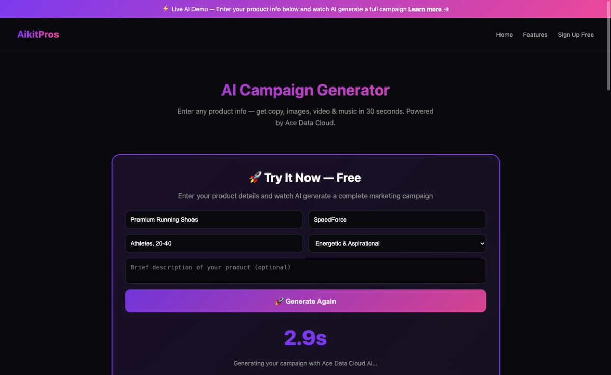 aikitpros's tweet photo. Day 10 @AceDataCloud Creator Competition
AikitPros AI Campaign Generator is LIVE
Enter product info -> get ad copy + images in 3s
4 platforms (IG/FB/Google/TikTok)
Ace Flux API for AI images
One-click X share
Try it: https://t.co/7ByYSa3uhg
#BuildWithAce #AceDataCloud https://t.co/KzcAisQ28R