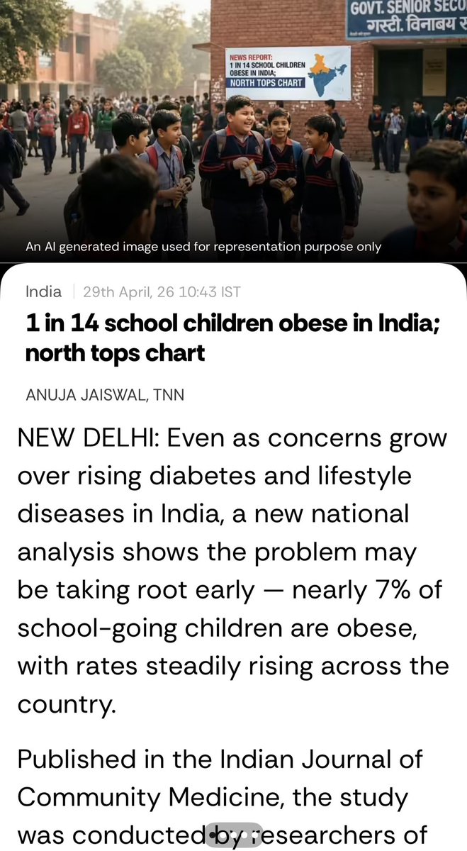 AnujaJaiswalTOI's tweet photo. Even as concerns grow over rising diabetes and lifestyle diseases in India, a new national analysis shows the problem may be taking root early — nearly 7% of #schoolgoing #children are #obese, with rates steadily rising across the country. Published in the Indian Journal of Community Medicine, the study was conducted by researchers of the ICMR–National Institute of Traditional Medicine, along with collaborators from India and the UK, analysing data from 125 studies conducted between 1995 and 2023. The overall prevalence of #obesity was 6.97%, with regional differences — the #north highest at 8.58% and central India lowest at 5.63%. @timesofindia @JPNadda