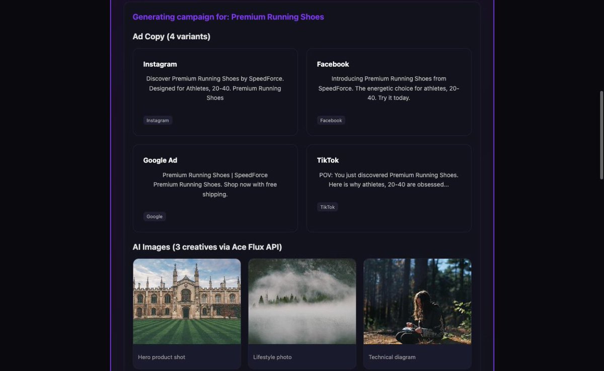 aikitpros's tweet photo. Day 10 @AceDataCloud Creator Competition
AikitPros AI Campaign Generator is LIVE
Enter product info -> get ad copy + images in 3s
4 platforms (IG/FB/Google/TikTok)
Ace Flux API for AI images
One-click X share
Try it: https://t.co/7ByYSa3uhg
#BuildWithAce #AceDataCloud https://t.co/KzcAisQ28R