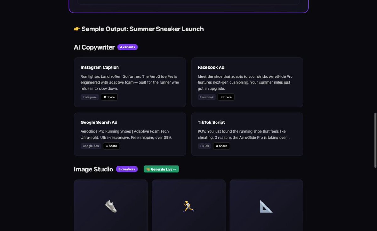 aikitpros's tweet photo. Day 10 @AceDataCloud Creator Competition
AikitPros AI Campaign Generator is LIVE
Enter product info -> get ad copy + images in 3s
4 platforms (IG/FB/Google/TikTok)
Ace Flux API for AI images
One-click X share
Try it: https://t.co/7ByYSa3uhg
#BuildWithAce #AceDataCloud https://t.co/KzcAisQ28R
