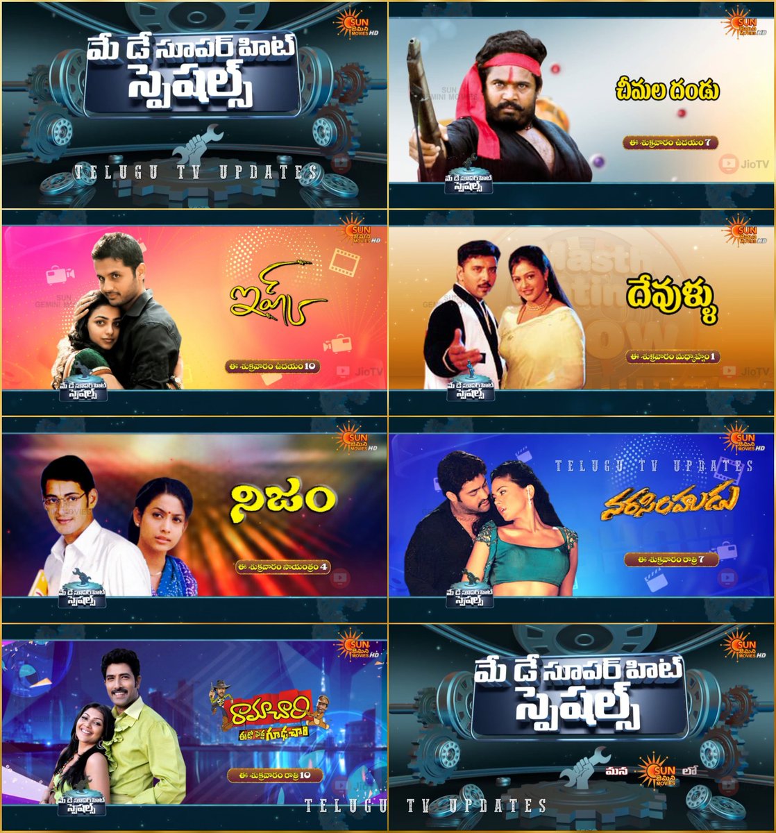 telugutvupdts's tweet photo. May Day special movies this Friday on #SunGeminiMovies

#CheemalaDandu 7am
#Ishq 10am
#Devullu 1pm
#Nijam 4pm
#Narasimhudu 7pm
#Ramachari 10pm

#NTR #MaheshBabu #Nithiin #NithyaMenon https://t.co/lt5IyOX00s