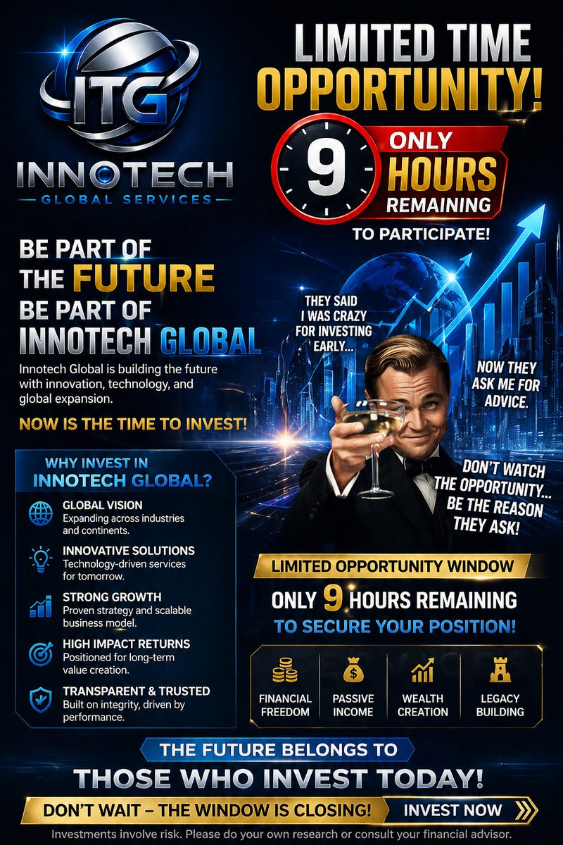 ngbede1990's tweet photo. 🚨 Only 9 Hours Left to Join the Opportunity Everyone Will Wish They Entered Early

🔥 Smart investors move early. Late investors watch others win.

⚡ Don’t wait until people start asking how you missed it.
https://t.co/62ZE00Vd1W

#INNOTECHGLOBAL #InvestNow #WealthCreation https://t.co/IvOcKCFKSj