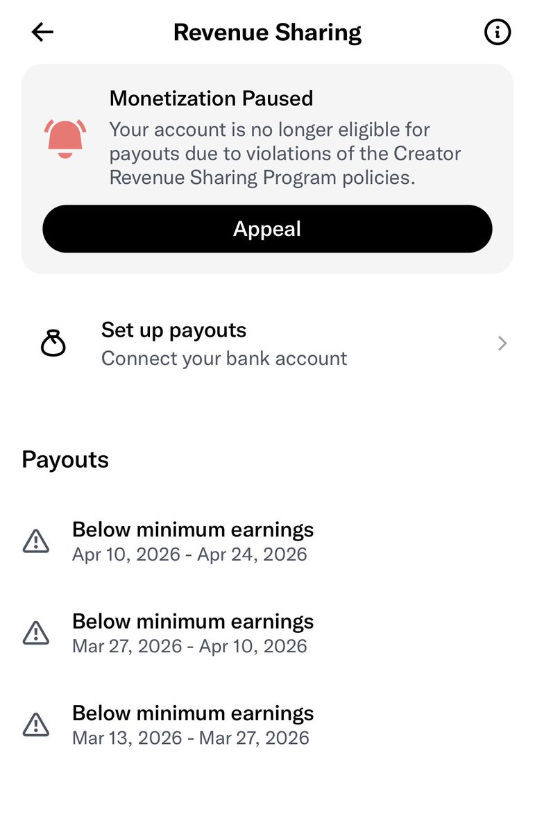 老马把我的创作者收益给暂停了。
Monetization Paused。
原因：违反政策。
我发了什么？
$BTC分析、日本樱花、双胞胎宝宝。
老马，我冤枉啊。😭
Appeal已提交，等判决。