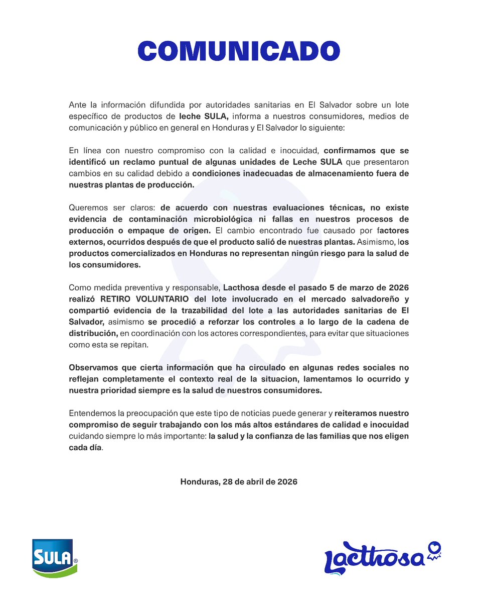IbethMatute's tweet photo. @alertanoti Comunicado oficial @Lacthosa_Hn https://t.co/lU3KRwVR1o
