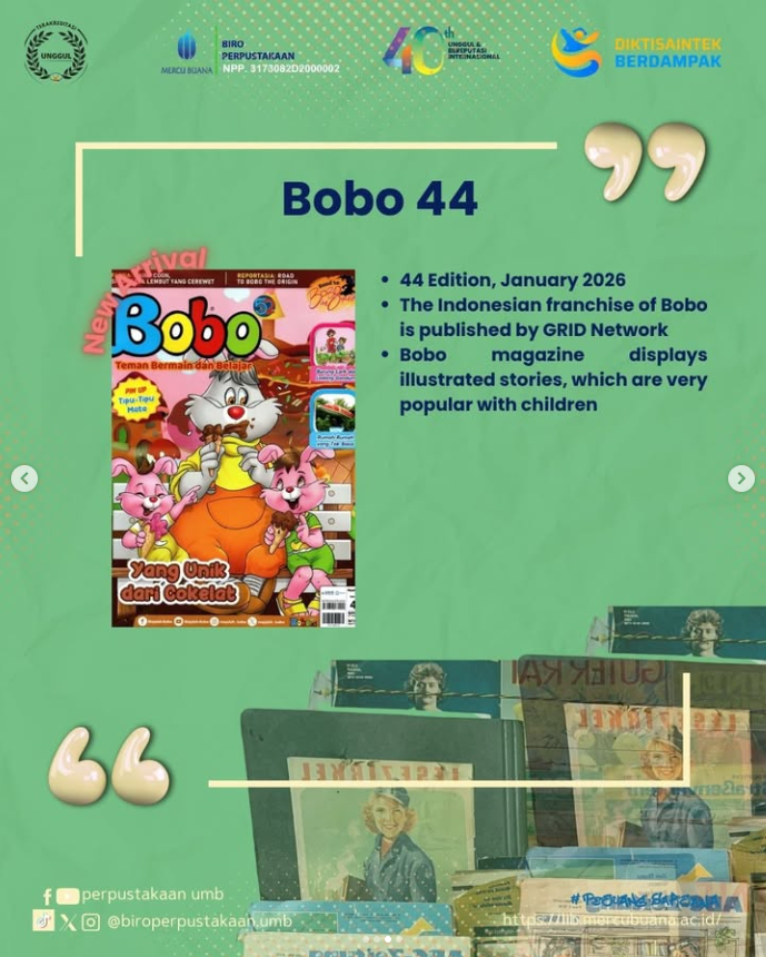 biroperpusumb's tweet image. Halo sobat perpus!

We’re excited to introduce our latest magazine collections, covering a wide range of topics— from nature science, creative and children's education, to world travel.
#umblibrary #universitasmercubuana #magazines