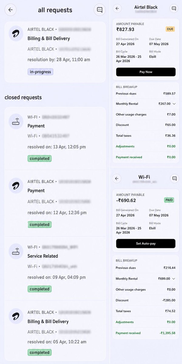 Balaji_2896's tweet image. @airtelindia @Airtel_Presence @SunilBhartiMitl @TRAI 
Paid extra (shown as negative in Wi-Fi), but Airtel Black shows overdue. Called 121 multiple times—requests closed without resolution. Latest missed Apr 28 deadline, no callback.

Really frustrating!
#Airtel