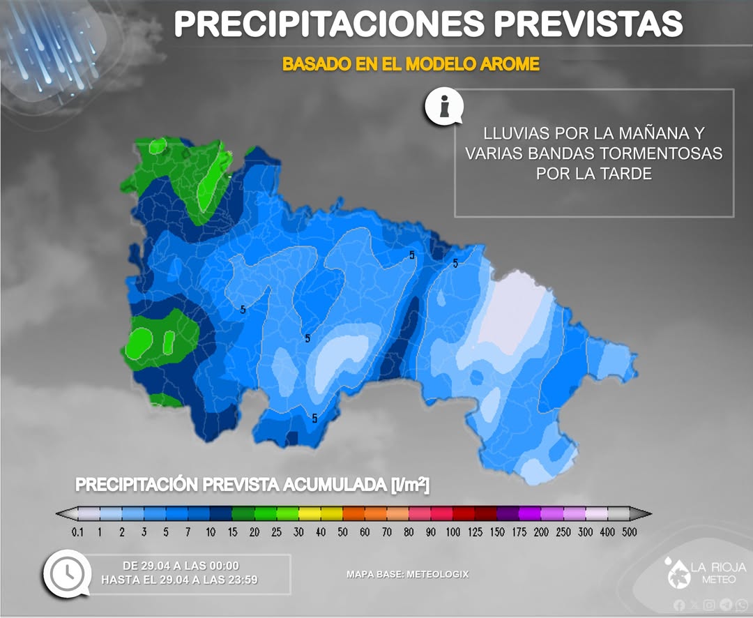lariojaMeteo's tweet photo. Buenos días!! Miércoles complicado en #LaRioja. Varias bandas de lluvia🌧️ nos han cruzado y lo seguirán haciendo durante estas primeras horas.

Tras una tregua aparente, las tormentas ganarán protagonismo a partir de la tarde⛈️, con varias tandas, localmente fuertes y con granizo https://t.co/GQ9tGVxqfc