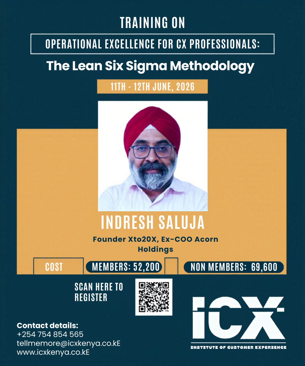 icx_kenya's tweet image. 🚀Training Alert!

Operational Excellence for CX Professionals:
Lean Six Sigma Methodology

📅 11–12 June 2026
🎤 Indresh Saluja

Learn how to deliver efficient &amp;amp; consistent CX

👉 Register: zurl.co/N7QhM

#CX #LeanSixSigma #NairobiEvents #ICXKenya