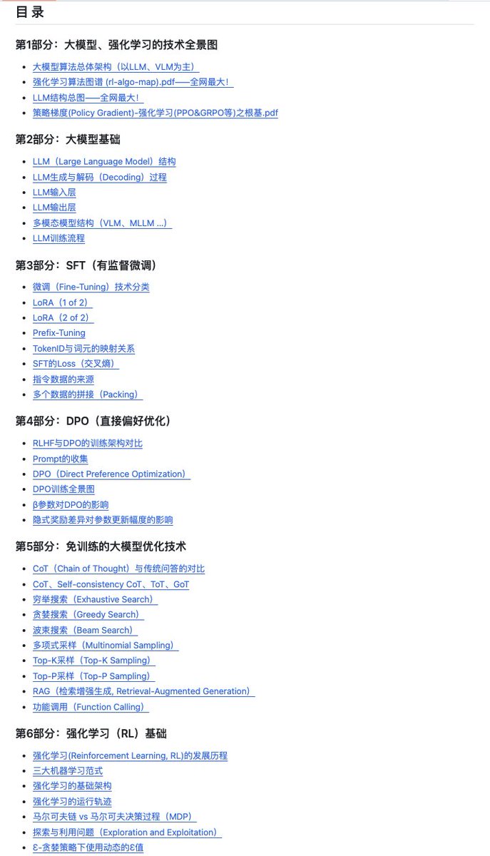 wsl8297's tweet photo. GitHub 上有一份把大模型算法“画出来”的学习资源：LLM-RL-Visualized。用 100+ 张高质量架构图，把 LLM 到 RL 的关键技术链路拆开讲清楚，让抽象概念直接变成可视化流程。

从大模型基础结构、训练范式，到强化学习与对齐方法，复杂算法不再靠脑补：每一块都配图拆解，按图索骥就能快速建立完整认知框架。

GitHub：https://t.co/WLm7QCRw1r

你会学到：

- LLM 结构与训练全流程：从组件到数据流的可视化解析
- 强化学习算法图谱：PPO、DQN、MCTS 等核心方法一图读懂
- 对齐技术拆解：RLHF、DPO 等关键路径与机制图解
- 微调技术可视化：SFT、LoRA 等原理与训练流程清晰呈现
- 免训练优化方法：RAG、CoT 等策略的结构化图解
- 配套《大模型算法》书籍：图 + 文双线理解，学习更稳更系统

所有图均提供 SVG 矢量格式，可无限缩放、适合二次整理与复盘。想系统掌握大模型技术栈，这份资源值得直接收藏。