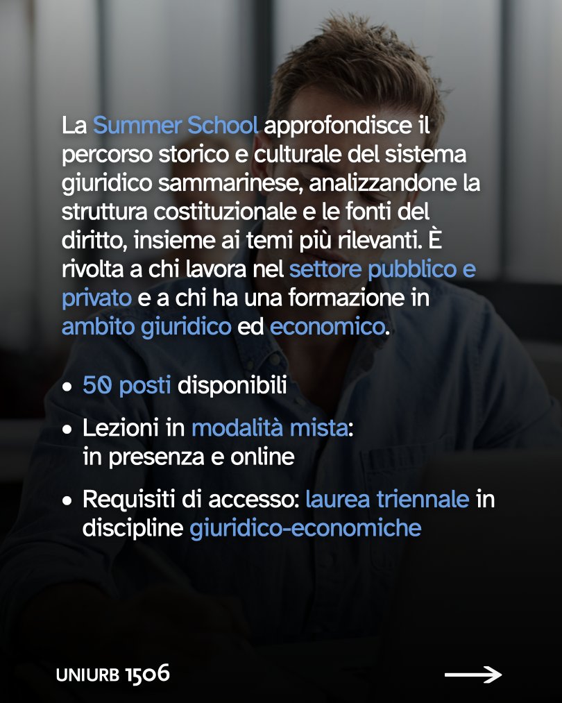 uniurbit's tweet image. 👩🏻‍🏫 SUMMER SCHOOL 👨🏼‍🏫
Scadono il 15 maggio le iscrizioni alla #SummerSchool di “Ius Commune europeo. L’esperienza sammarinese quale ordinamento aperto” rivolta a chi ha una formazione in ambito giuridico ed economico.

👥 50 posti
👩🏻‍💻 Online e in Presenza
🔗 uniurb.it/corsi/1757499