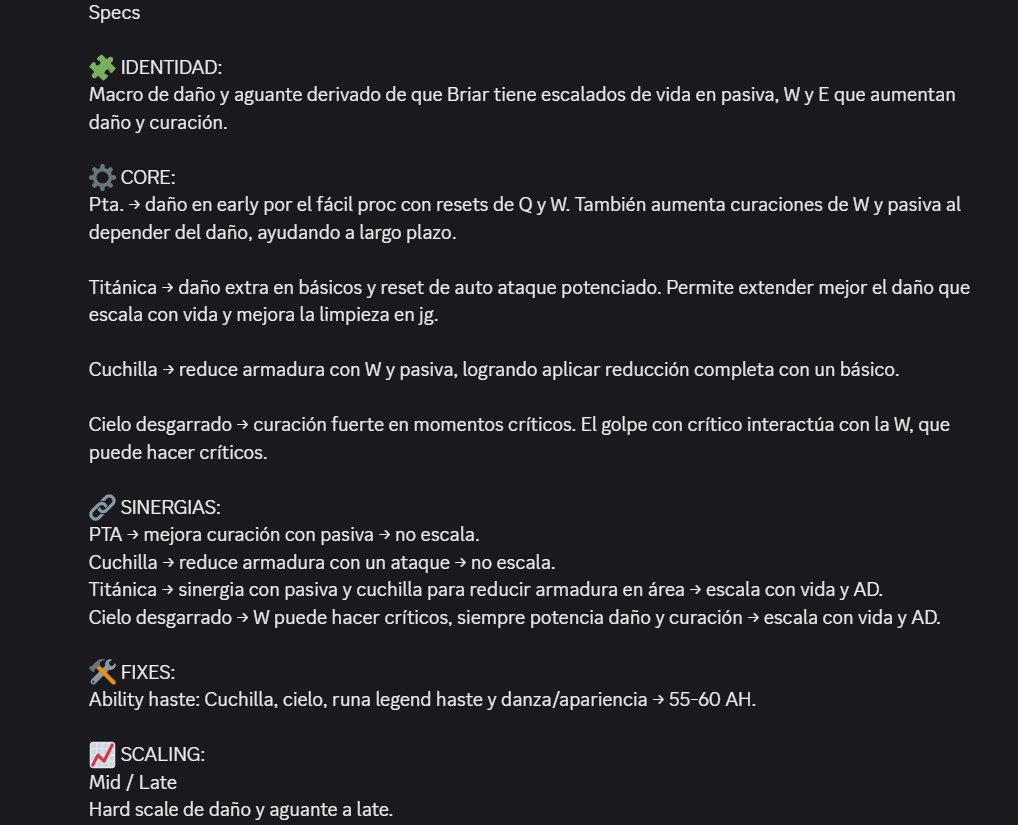 Xhioven's tweet photo. 🐶#MACRO Patch Note del dia, Briar: Berserker 💚💛
Macroteca Ya Disponible, Builds para Todos los Campeones en Servidor de Discord por:
@DesLoverLoL_ES https://t.co/YrHnVFCvBT