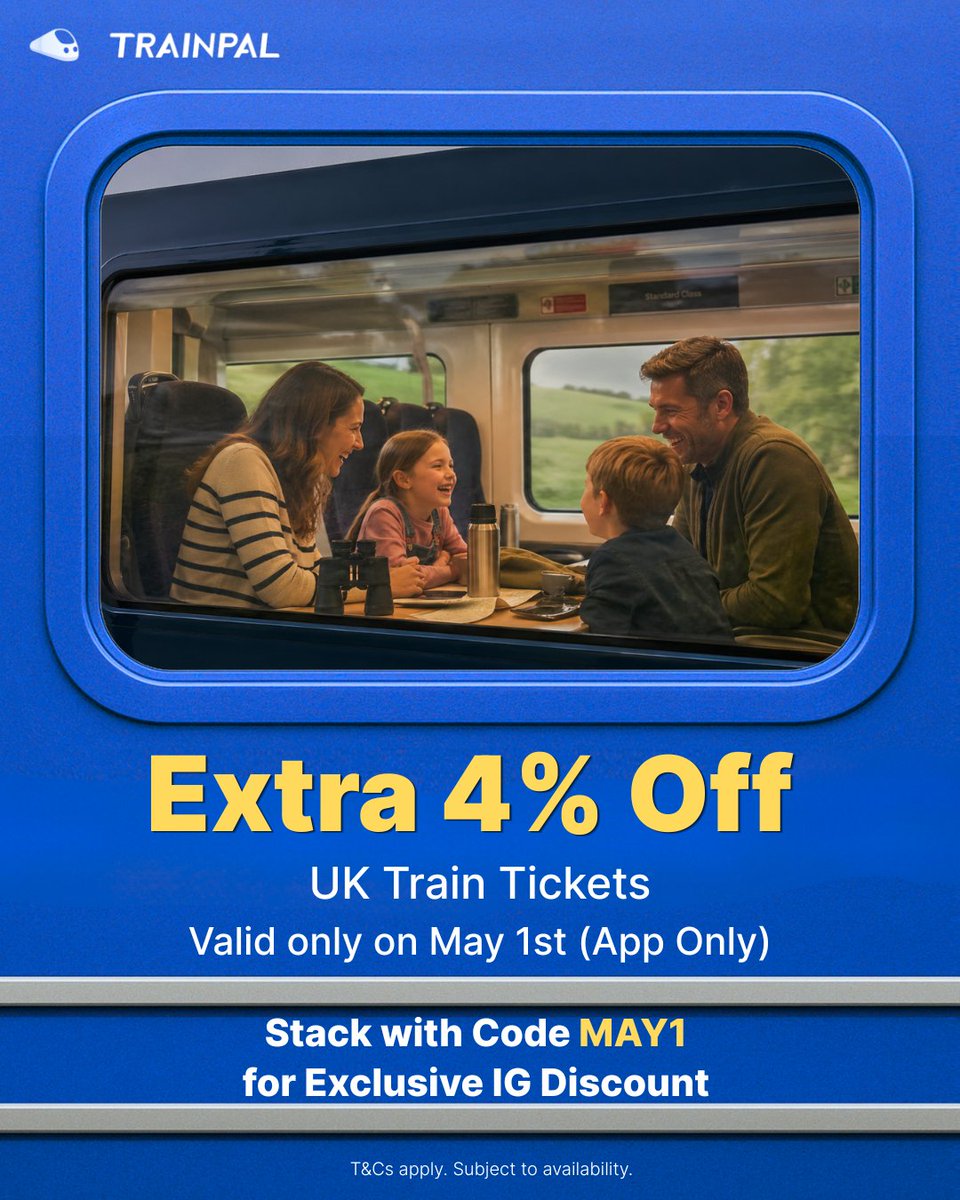trainpal_go's tweet image. Brits’ official Bank Holiday survival pack is here 🇬🇧

4% OFF UK train tickets + extra discount with code: MAY1 🚆
 Up to 9% off for new users &amp;amp; up to 6% off for existing users. 
Valid 1st May | App Only
#trainpal #uktravel