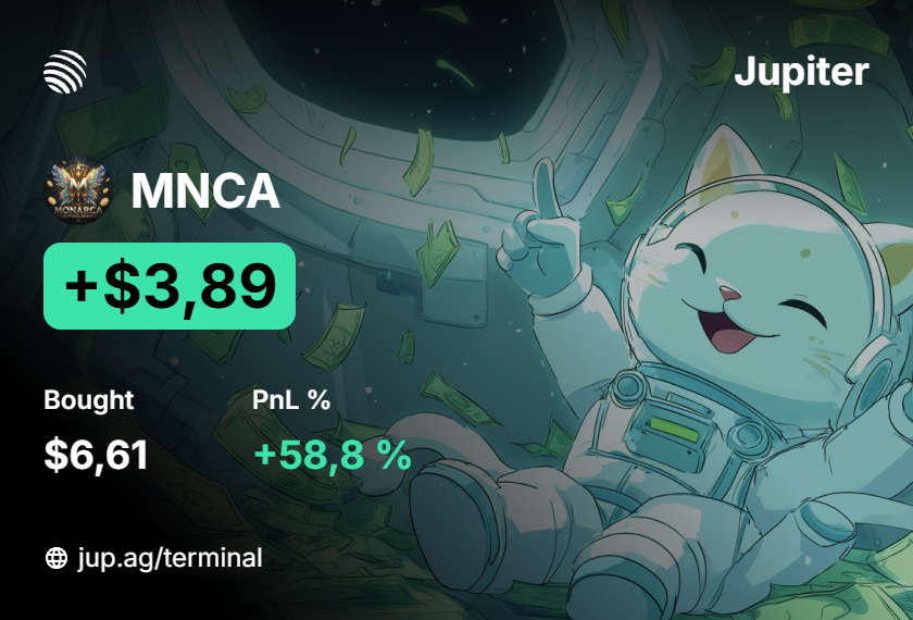 ExtraMovil88512's tweet photo. ¡Monarca pegó otra vez! MNCA +58,8% 🔥+$3,89 de profit. De nuevo se marca quien llego a dominar el imperio crypto. El gato astronauta ya está contando billetes en el espacio 👨🚀💸 #Monarca #MNCA #Cryptocurrency #Jupiter #Solana #Meteora #Raydium https://t.co/mXFejwNJuH