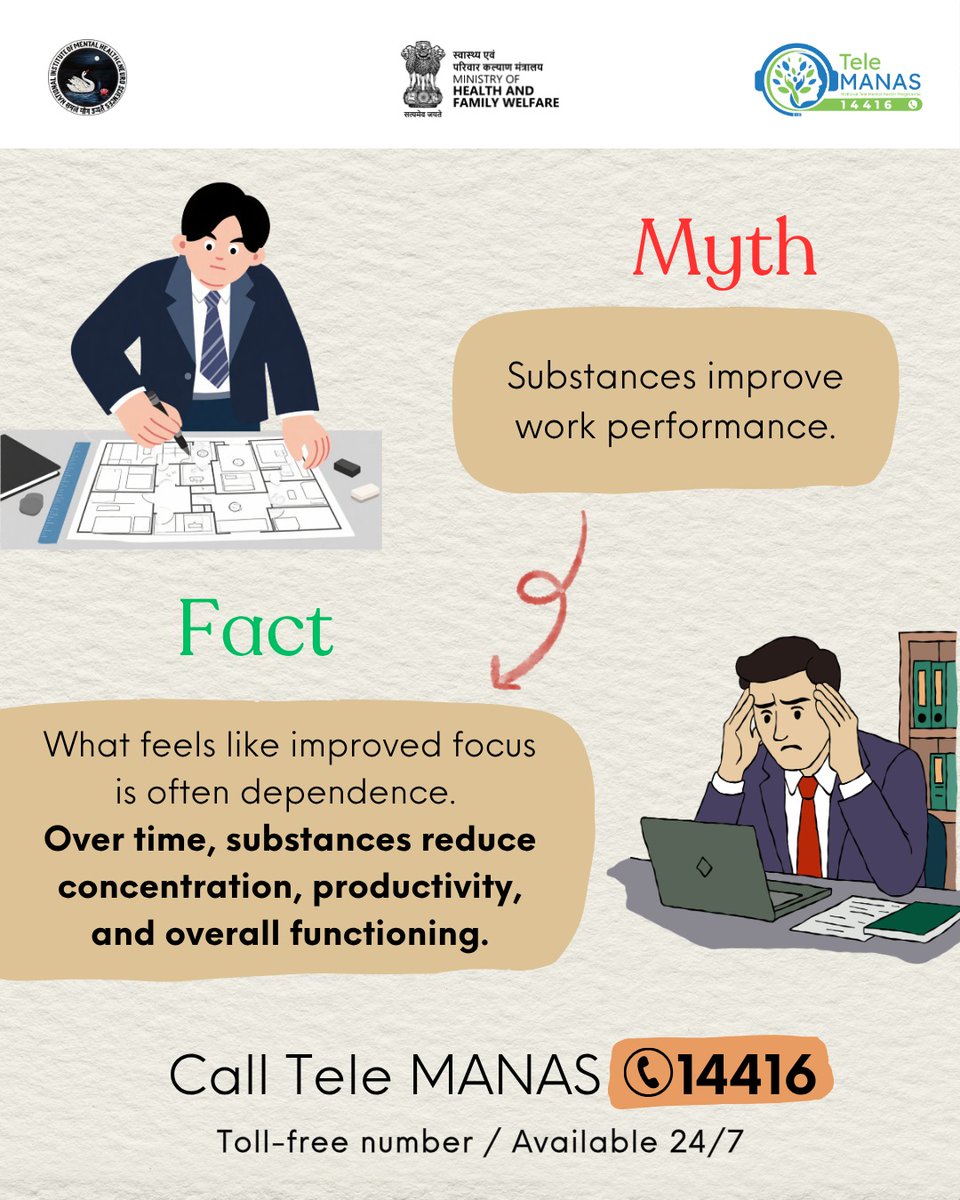 TeleMANAS_Apex's tweet image. In the long run, substances don’t enhance our work—they deplete it. They chip away at the very concentration and productivity we rely on. Prioritize your cognitive health and sustainable performance.

#WorkLifeBalance #HealthyWorkplace #HealthFirst #HealthyHabits