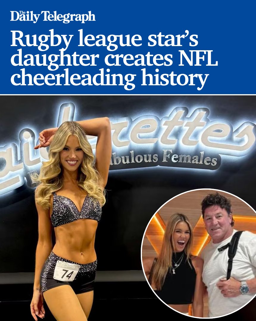 dailytelegraph's tweet image. The daughter of a rugby league champion has made history by being selected as a cheerleader for the glamorous Las Vegas Raiders NFL franchise.

#NRL #NFL 🏈 bit.ly/3QzkBhK 

Get the news first with The Daily Telegraph app: bit.ly/4bOfgf8