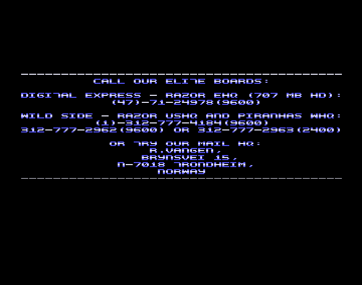 CracktroBot's tweet image. Pitstop II (1984) - Crack: Remember - Trainer: +4 - #Commodore64
Wacko Jr. in Wonderland (1990) - Crack: Razor - #Amiga
Cyborg (1986) - Crack: Raw Deal Inc. (RDI) - #Commodore64
F-15 Strike Eagle II (1991) - Crack: Crystal (CSL) - #Amiga