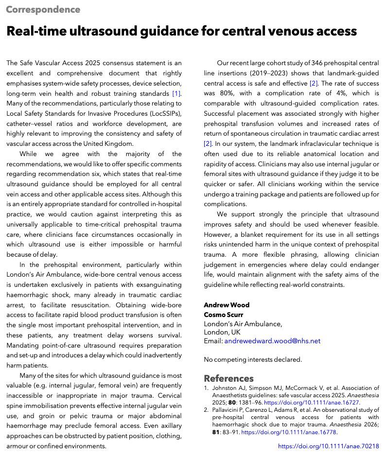 Anaes_Journal's tweet image. Safe Vascular Access 2025

"We support strongly the principle that ultrasound improves safety and should be used whenever feasible. However, a blanket requirement for its use in all settings risks unintended harm in the unique context of prehospital trauma."

#anaesthesia