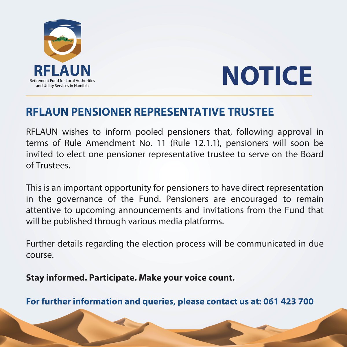 NOTICE FOR RFLAUN PENSIONERS 

Pensioner Representative Trustee elections coming soon.
