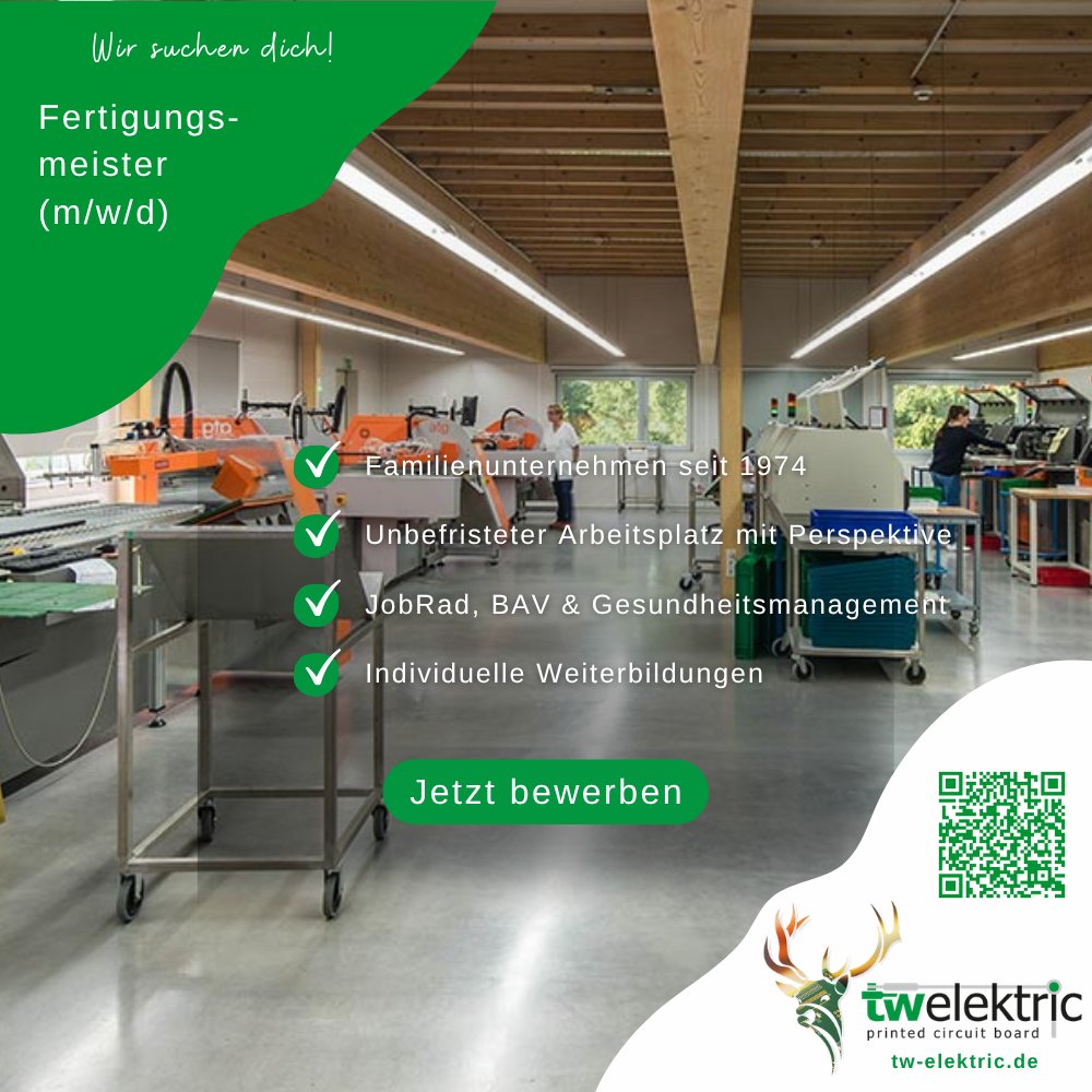 tw_elektric's tweet image. Hiring im Schwarzwald 🌲

Fertigungsmeister (m/w/d) — Vollzeit, unbefristet
✓ Familienunternehmen seit 1974
✓ JobRad, BAV, Weiterbildung
✓ Moderne PCB-Fertigung

Bewerbung: tw-elektric.de/jobs

#Stellenangebot #Furtwangen #PCB #Leiterplatten