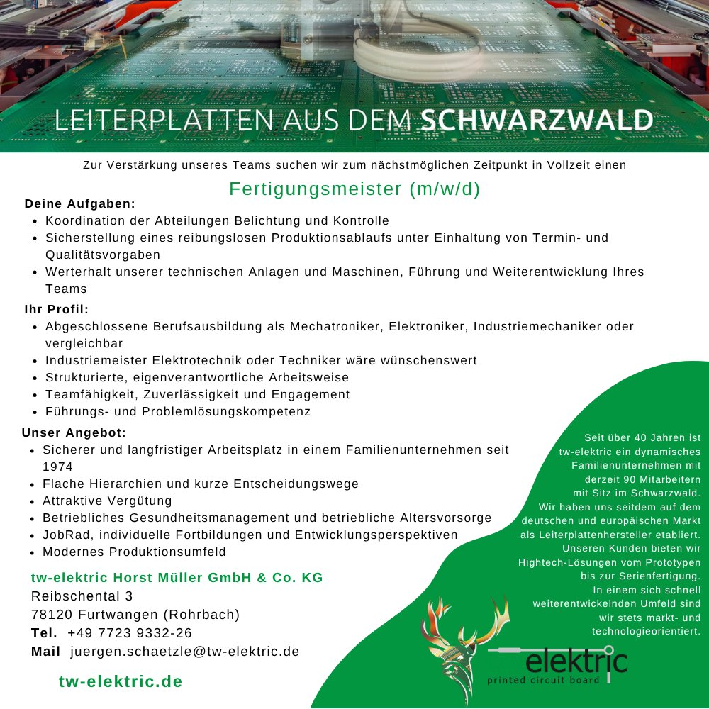 tw_elektric's tweet image. Hiring im Schwarzwald 🌲

Fertigungsmeister (m/w/d) — Vollzeit, unbefristet
✓ Familienunternehmen seit 1974
✓ JobRad, BAV, Weiterbildung
✓ Moderne PCB-Fertigung

Bewerbung: tw-elektric.de/jobs

#Stellenangebot #Furtwangen #PCB #Leiterplatten
