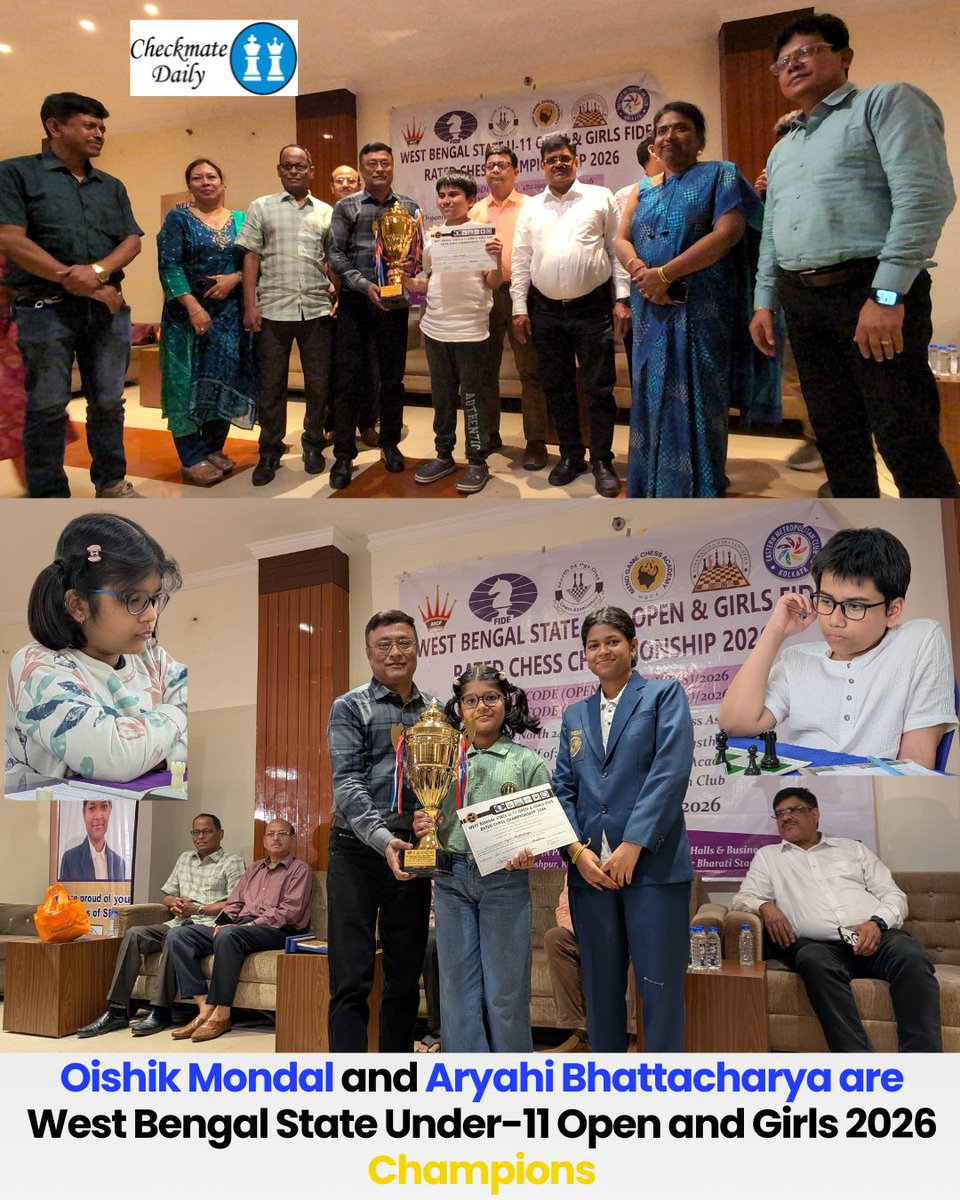 CheckmateDaily's tweet image. Oishik Mondal and Aryahi Bhattacharya are West Bengal State Under-11 Open and Girls 2026 Champions

#Chess #CheckmateDaily #WestBengal #India