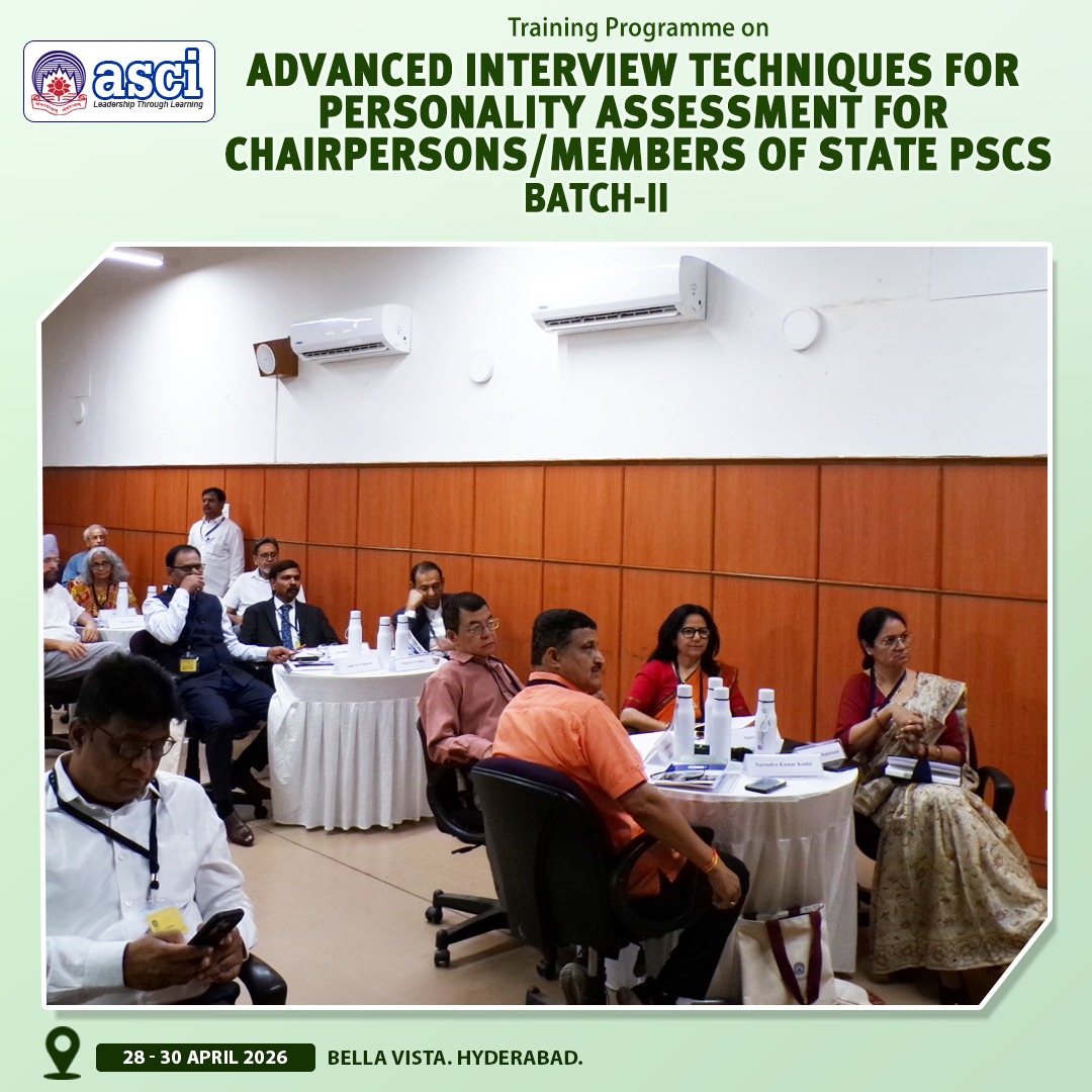 ASCIMEDIA's tweet photo. The Training Programme on Advanced Interview Techniques for Personality Assessment for Chairpersons/Members of State PSCs Batch 2 commenced today at ASCI, Hyderabad (Apr 28–30, 2026), bringing together senior officials for discussions on interview and assessment practices. https://t.co/Ve3fZ0Ck6O