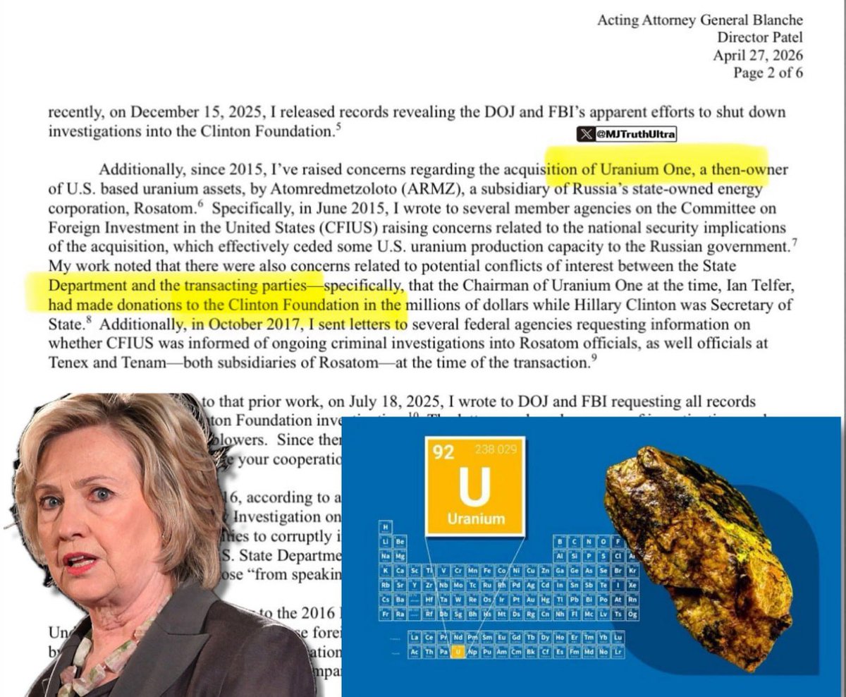 rebew_lexa's tweet image. Eine politische Bombe tickt: Uranium One und die #Clinton-Stiftung sind zurück.

Senator Chuck Grassley hat kürzlich alte FBI-Unterlagen zur #ClintonFoundation und dem Uranium-One-Deal mit #Russland wieder ans Licht gezerrt. Er fordert vom Justizministerium und FBI vollständige