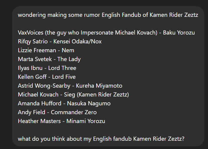 SatrioW76's tweet photo. Hey guys, i making some fandub English of Kamen Rider Zeztz. Hopelly you guys enjoy it

[Spoiler: This English fandub of Kamen Rider Zeztz just a fanmade. Thats me, who making fandub english cast] https://t.co/Vq5odsHTEE