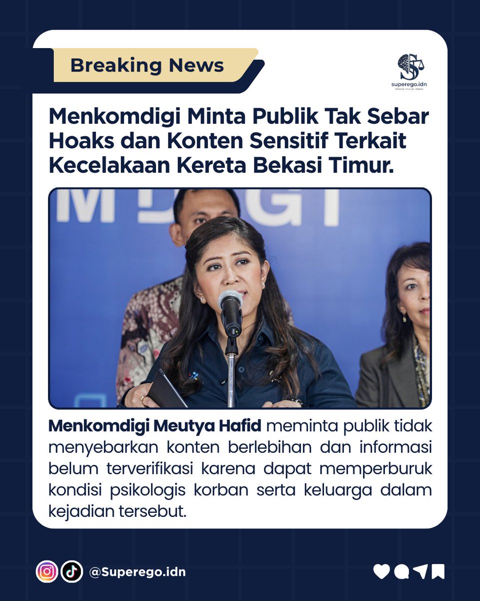 dijalan_sunyi's tweet photo. Menteri Komunikasi dan Digital Meutya Hafid mengimbau masyarakat untuk tidak menyebarkan hoaks maupun konten sensitif terkait kecelakaan kereta di Bekasi Timur. https://t.co/P9LGbJ5EtI