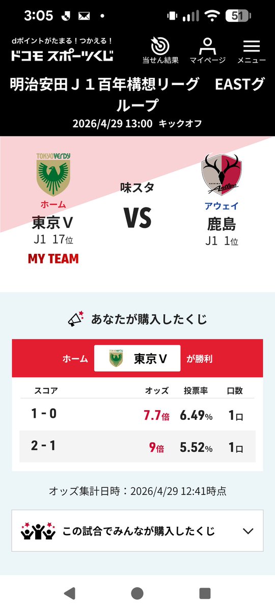Taca4V's tweet image. ナイス勝利！そして当たった！#winner  #verdy
toto.docomo.ne.jp/lottery-result…