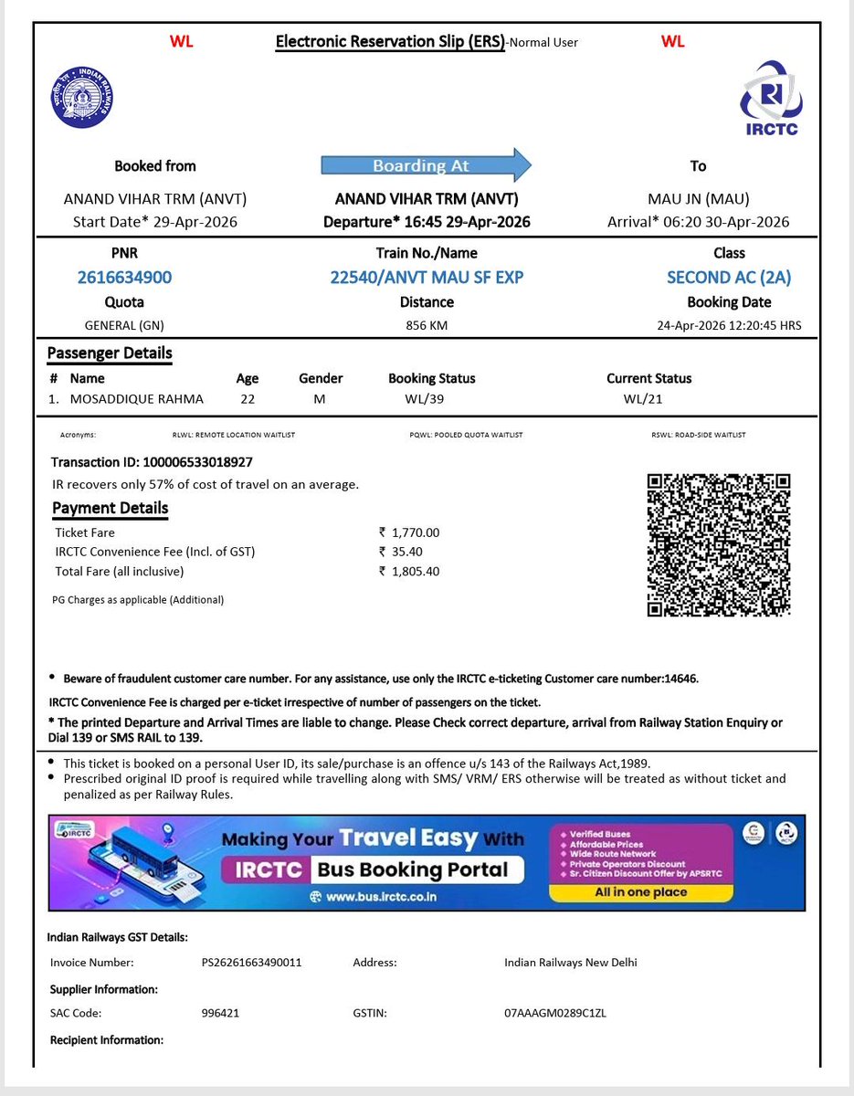 SaquibAyaz2's tweet photo. Dear @RailMinIndia
I am a final-year student currently at Waitlist 1This journey is critical for my final degree exam missing it will ruin my career.
I request manual confirmation via Emergency
 PNR: 2616634900
 Status: WL 1
 Contact: 9044344051
Please help
Mosaddique Rahman https://t.co/14n2I7qCrT